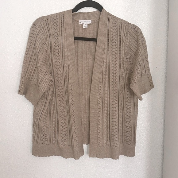 Charter club. Med 60% cotton 40% rayon, beige lightweight, half sleeve cardigan - Picture 1 of 7